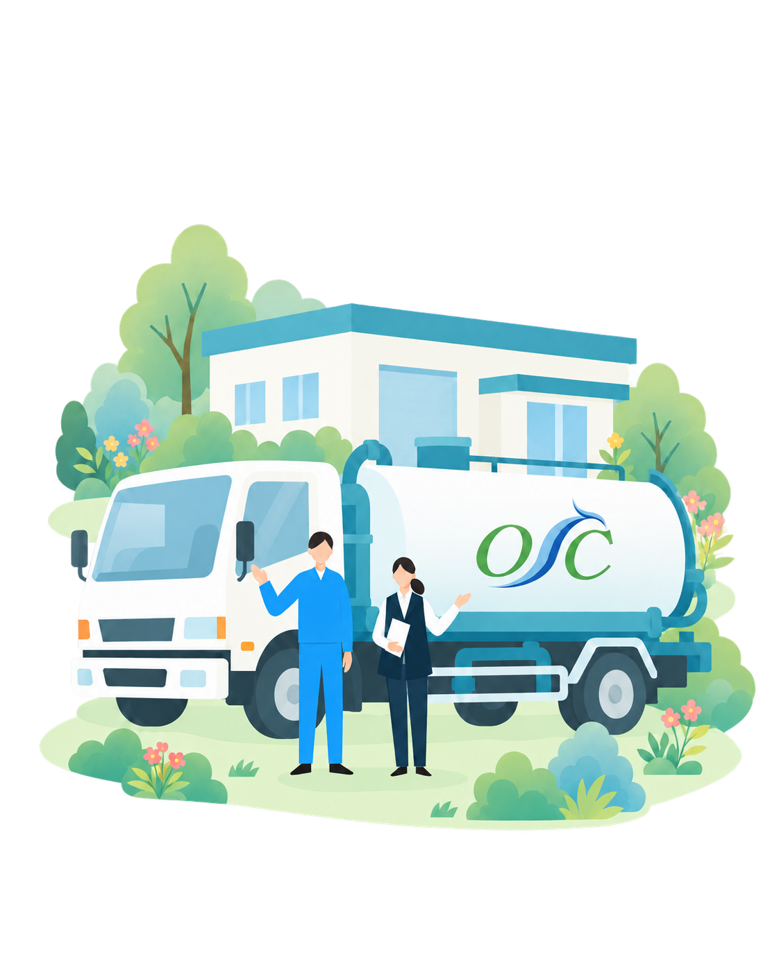 邑智郡浄化槽センターの仕事と地域の暮らしを描いた会社案内のイラスト